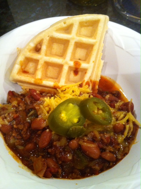 Chili served on corn waffles